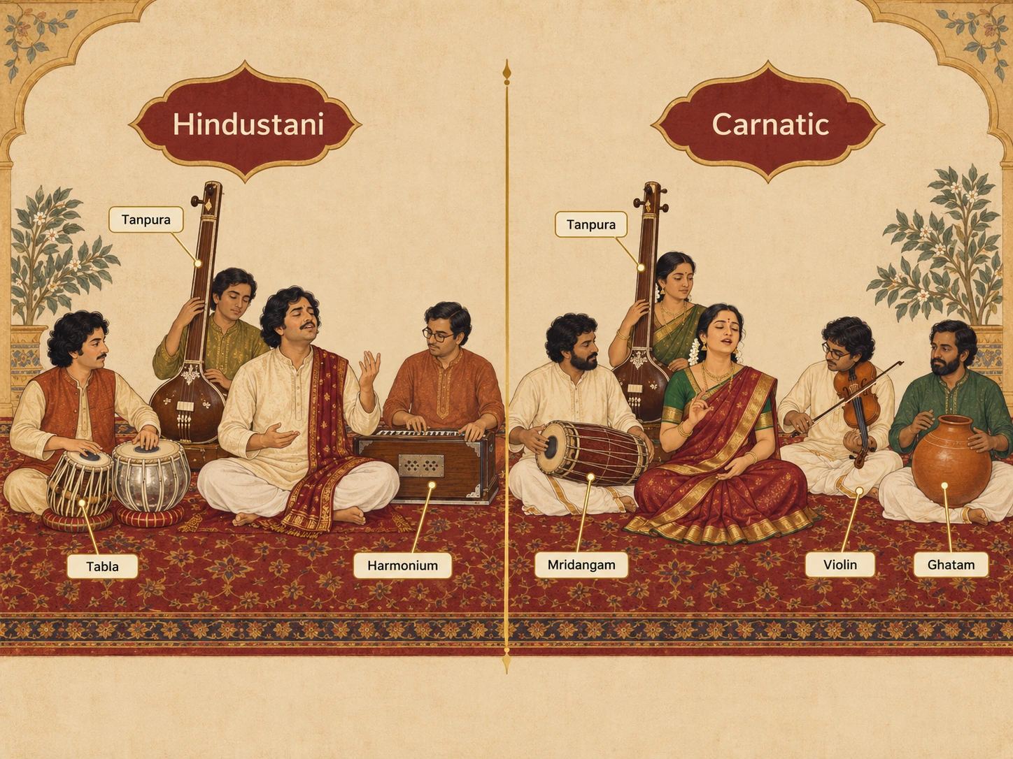 A Hindustani group and a Carnatic group side by side. Hindustani: a vocalist with tanpura, tabla and harmonium. Carnatic: a vocalist with tanpura, a violin played seated and braced against the foot, mridangam and ghatam. The tanpura appears in both.