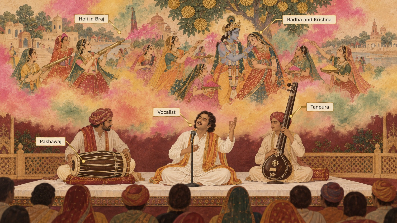 A dhamar performance with callouts for the Vocalist, Pakhawaj and Tanpura, beneath a vignette labelled Holi in Braj showing Radha and Krishna, the usual subject of dhamar songs