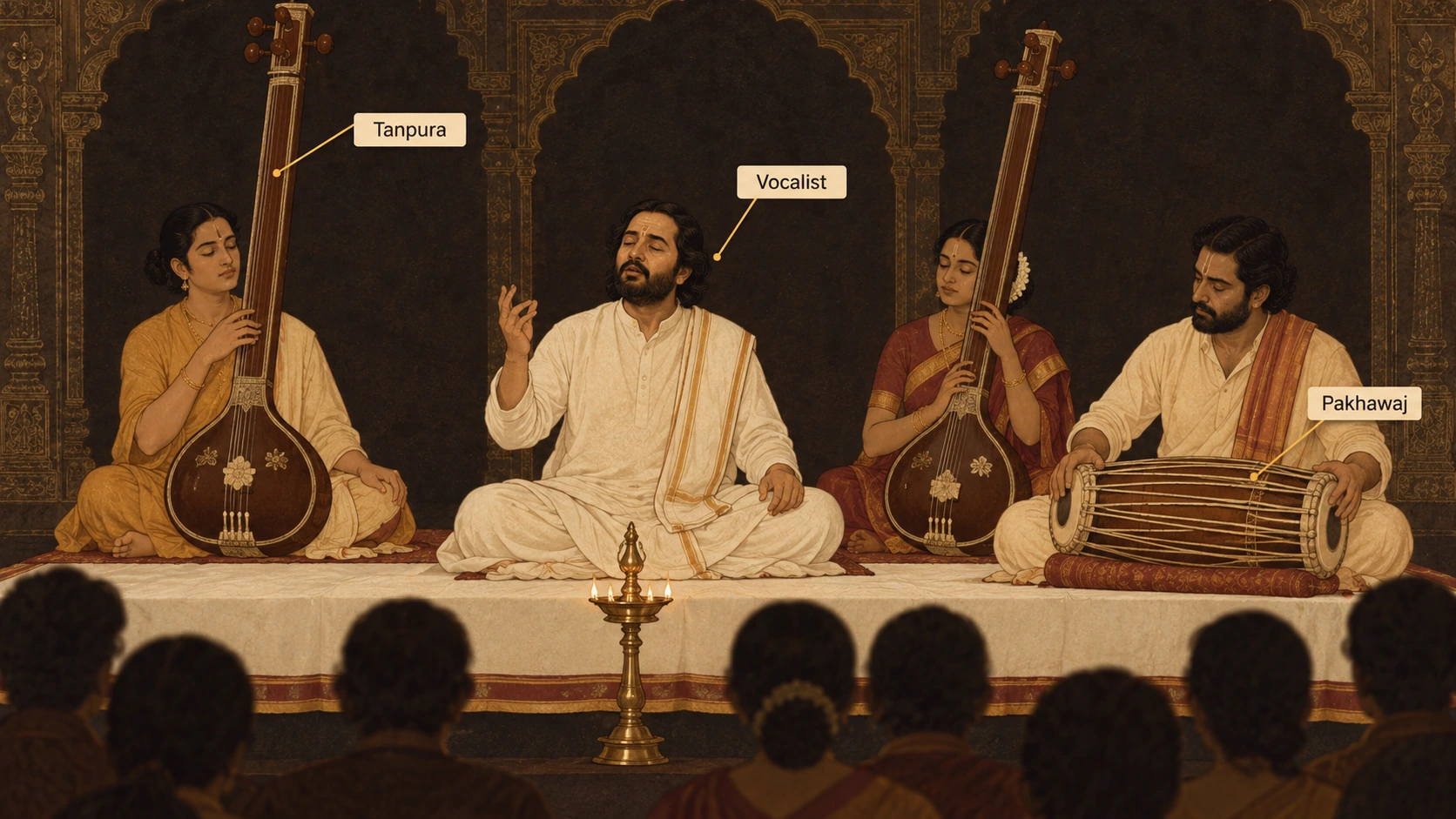 A dhrupad performance with callouts naming the Vocalist, the Pakhawaj (one long barrel drum lying horizontally, played on both ends) and the Tanpura; there is no tabla
