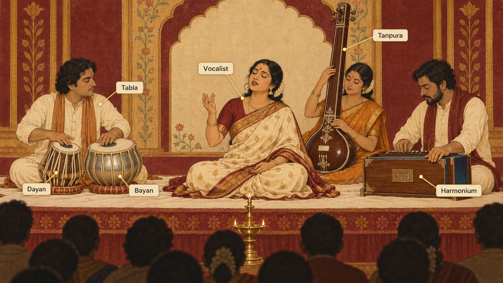 A khayal concert on a low stage, with callouts naming the Vocalist at the centre, the Tanpura behind her, the Tabla (Dayan and Bayan) on one side and the Harmonium on the other