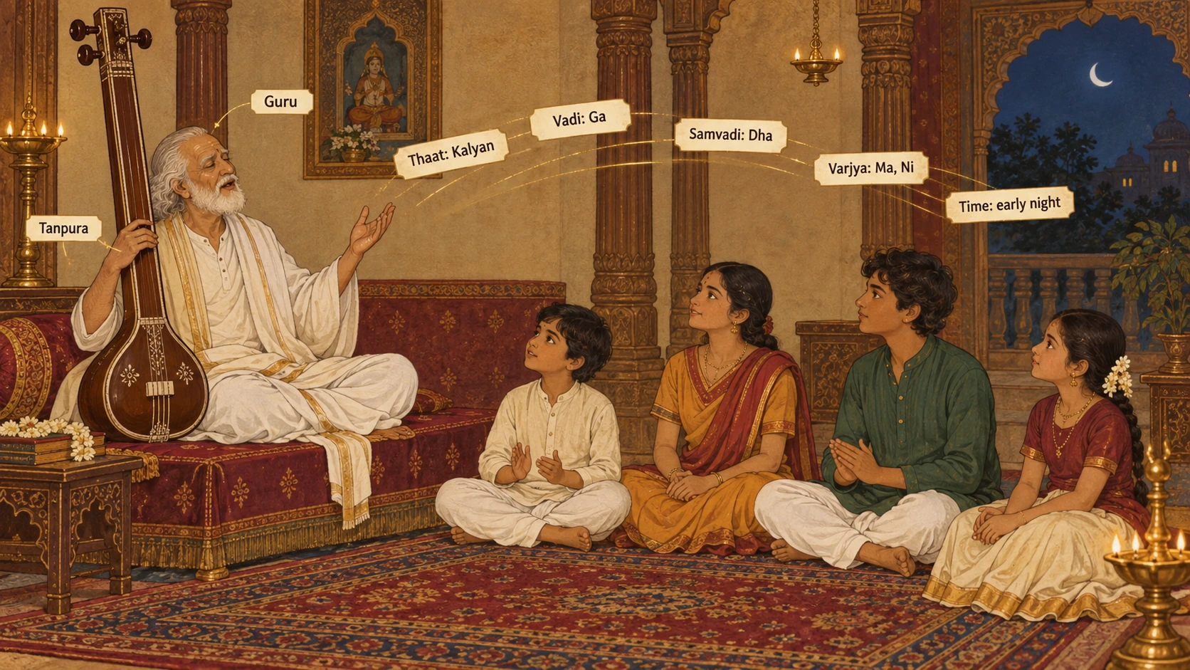 A guru sings a lakshan geet to his students; floating tags show the facts its words state for Bhupali: Thaat Kalyan, Vadi Ga, Samvadi Dha, Varjya Ma and Ni, Time early night