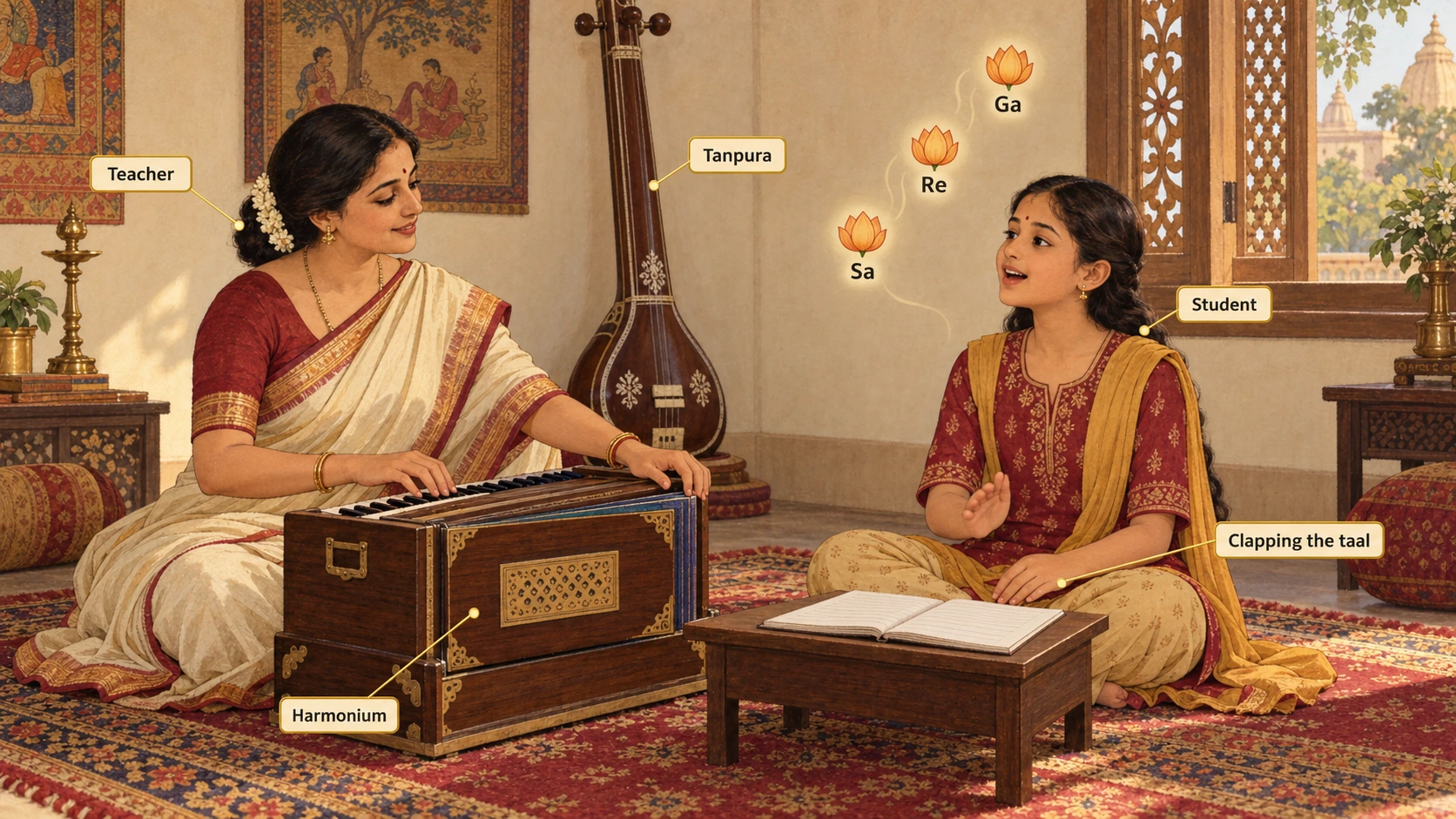 A teacher at a harmonium and a student singing a sargam geet, the note names Sa, Re, Ga rising from her voice; callouts name the Teacher, Student, Harmonium, Tanpura and the student Clapping the taal