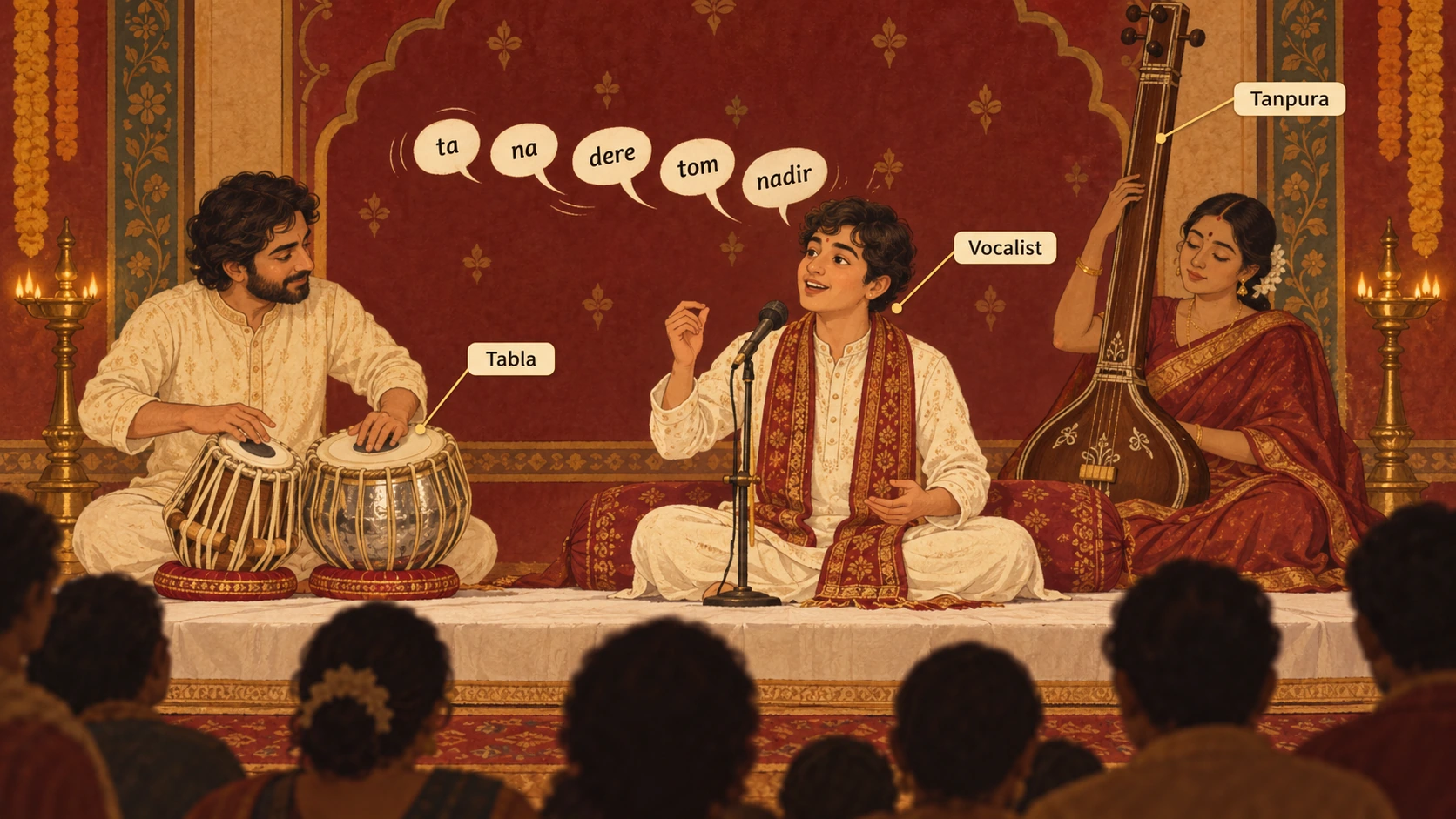 A tarana performance: the vocalist sings the syllables ta, na, dere, tom and nadir, shown in speech bubbles, with callouts for the Vocalist, Tabla and Tanpura