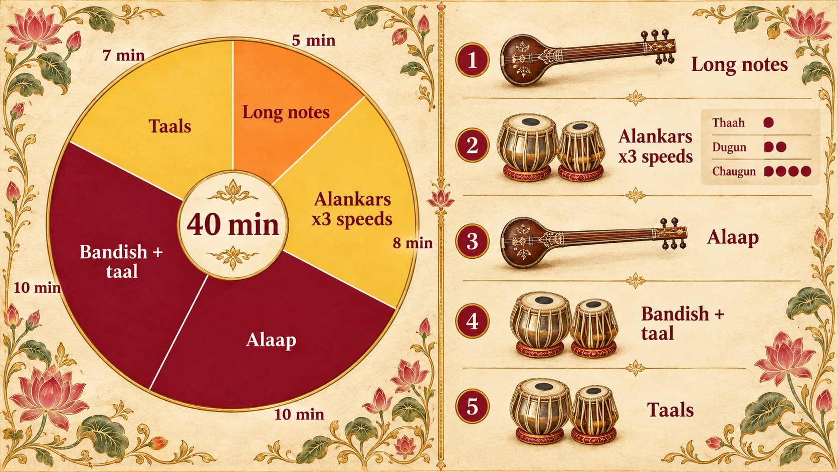 A 40-minute riyaz plan as a clock face: Long notes 5 minutes, Alankars in three speeds 8 minutes, Alaap 10 minutes, Bandish with the taal 10 minutes, Taals of the year 7 minutes. Tanpura for steps 1 and 3, tabla for steps 2, 4 and 5.