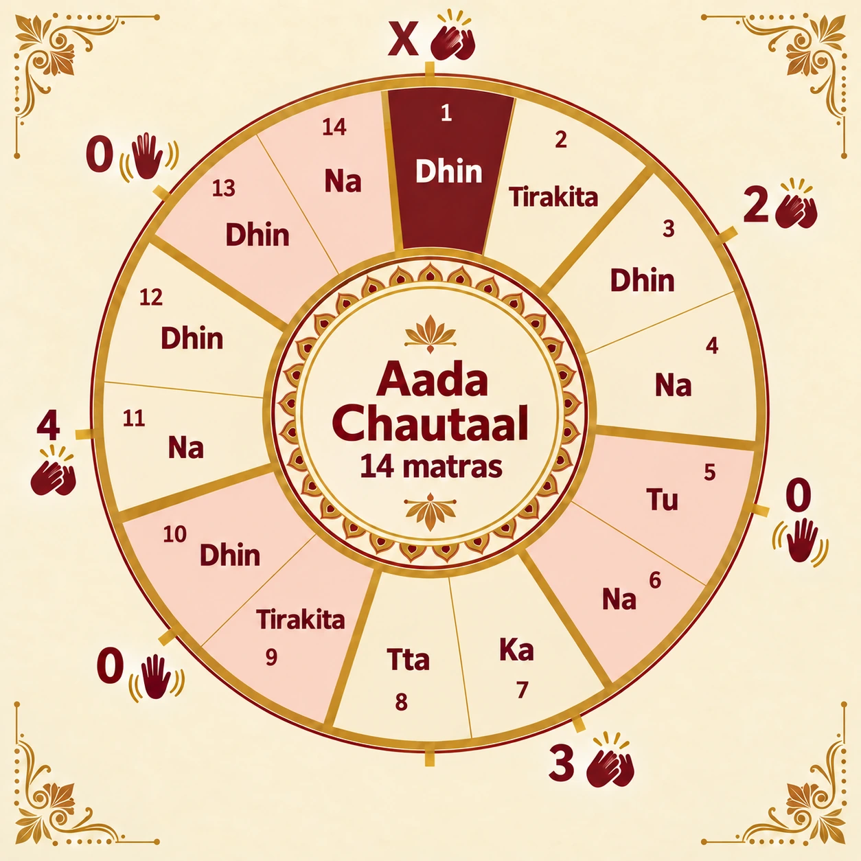 Aada Chautaal wheel: 14 matras in seven vibhags of two; claps on 1 (sam), 3, 7 and 11, waves on 5, 9 and 13; signs X 2 0 3 0 4 0; bols Dhin Tirakita, Dhin Na, Tu Na, Ka Tta, Tirakita Dhin, Na Dhin, Dhin Na